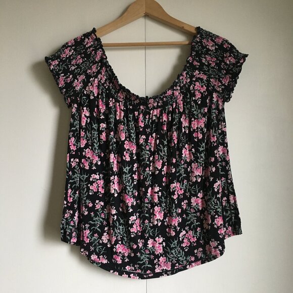 Soft & Sexy Black Floral Smock Collar Off Shoulder Top - Picture 2 of 13
